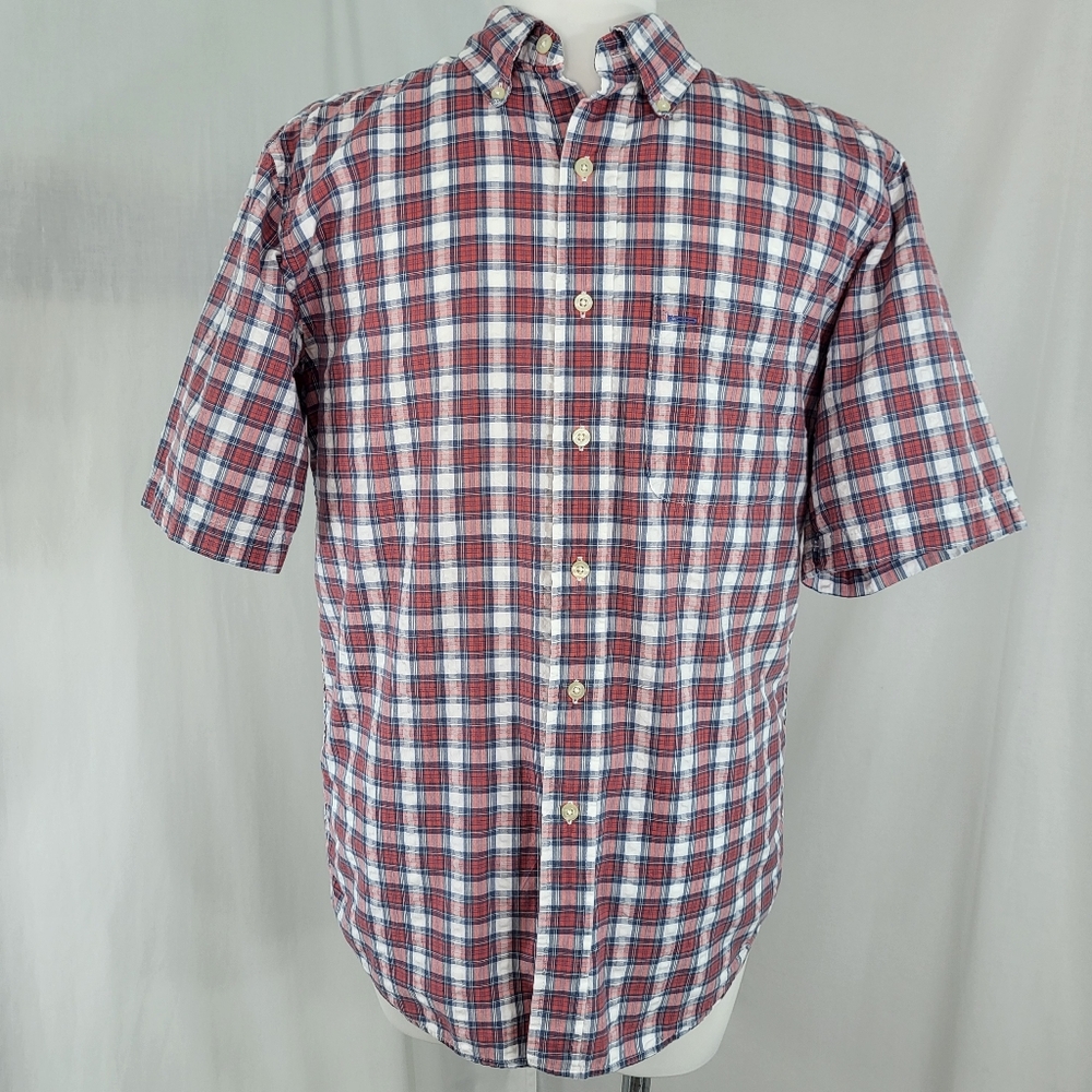 Arrow Red Blue Plaid SHIRT Mens Size M Short Sleeve Button Down Pocket Cotton